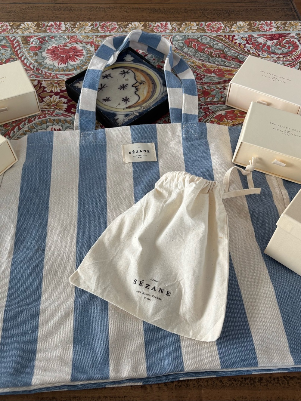 Sézane Bundle!  Blue and White Striped Canvas Tote, boxes and storage bag